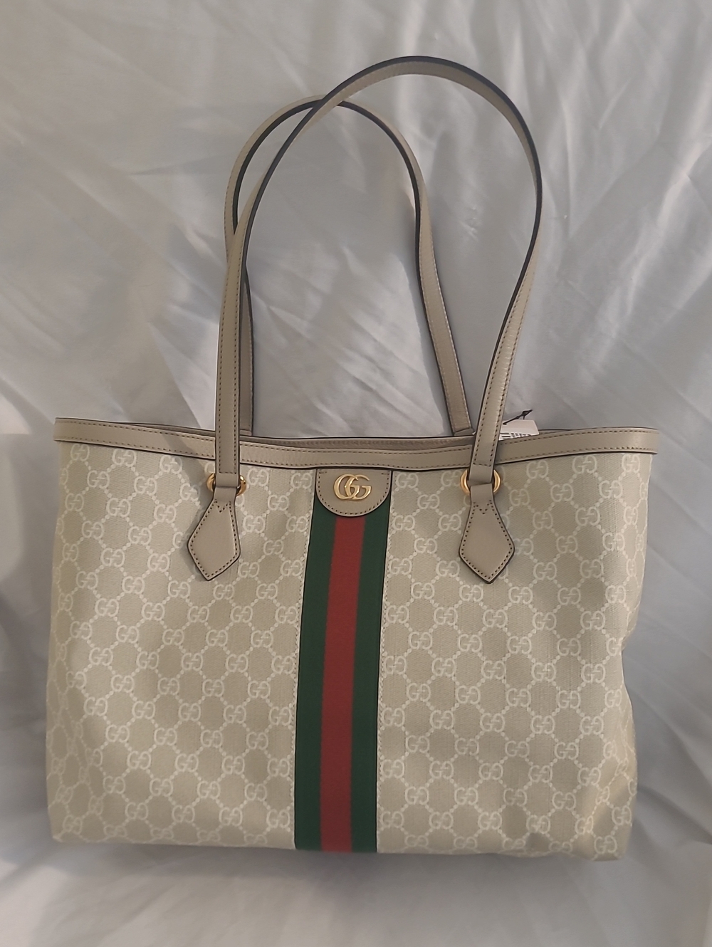 Gucci Beige GG Ophidia Tote with Green-Red Center Stripe